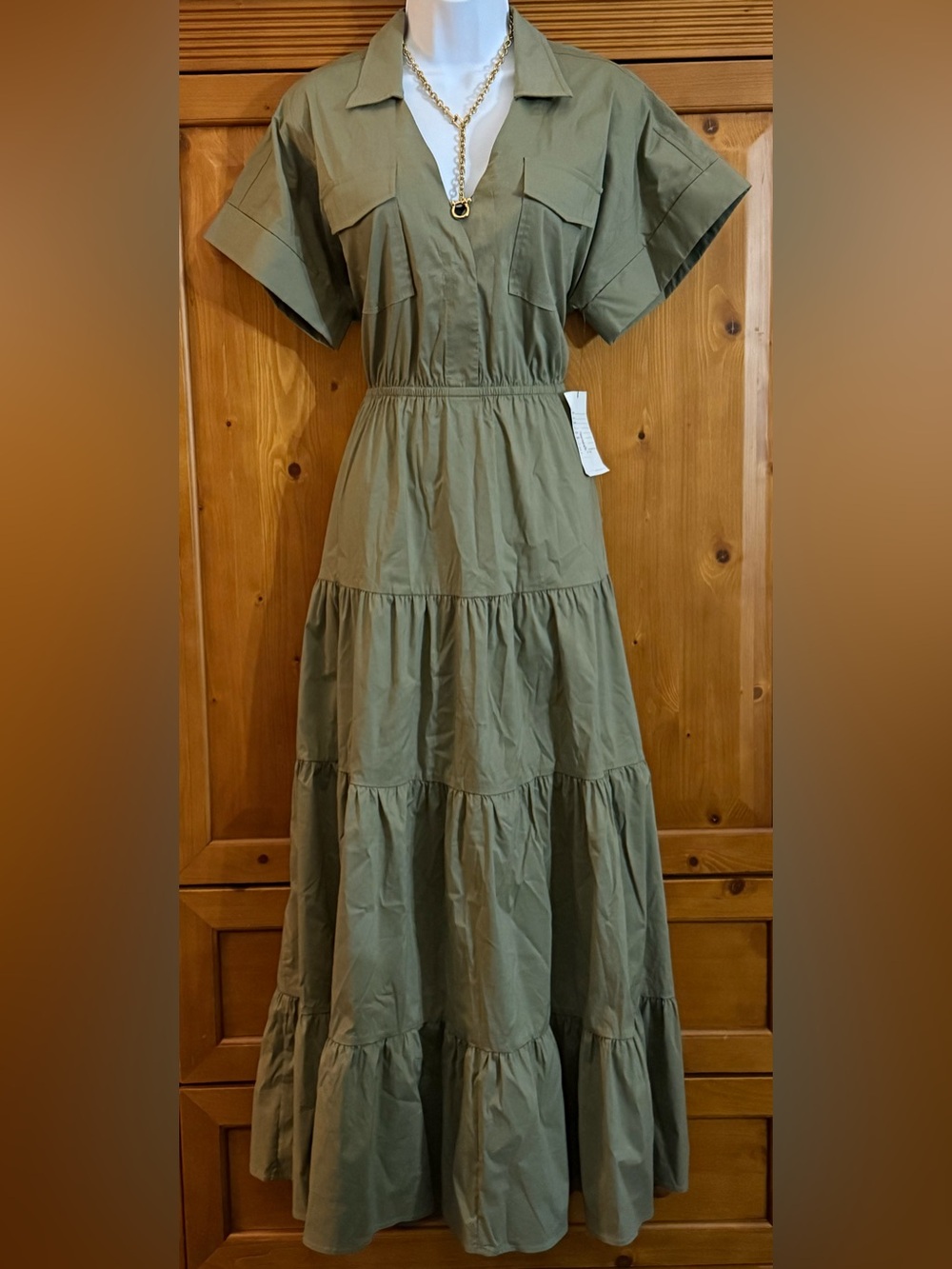 Olive Tiered Maxi Dress with Elastic Waist NWT